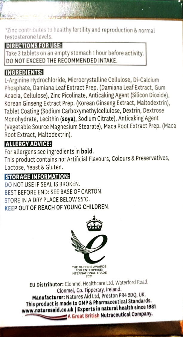 The back of a supplement box showing directions, ingredients, allergy advice, storage information, and the Natures Aid UK logo and website.