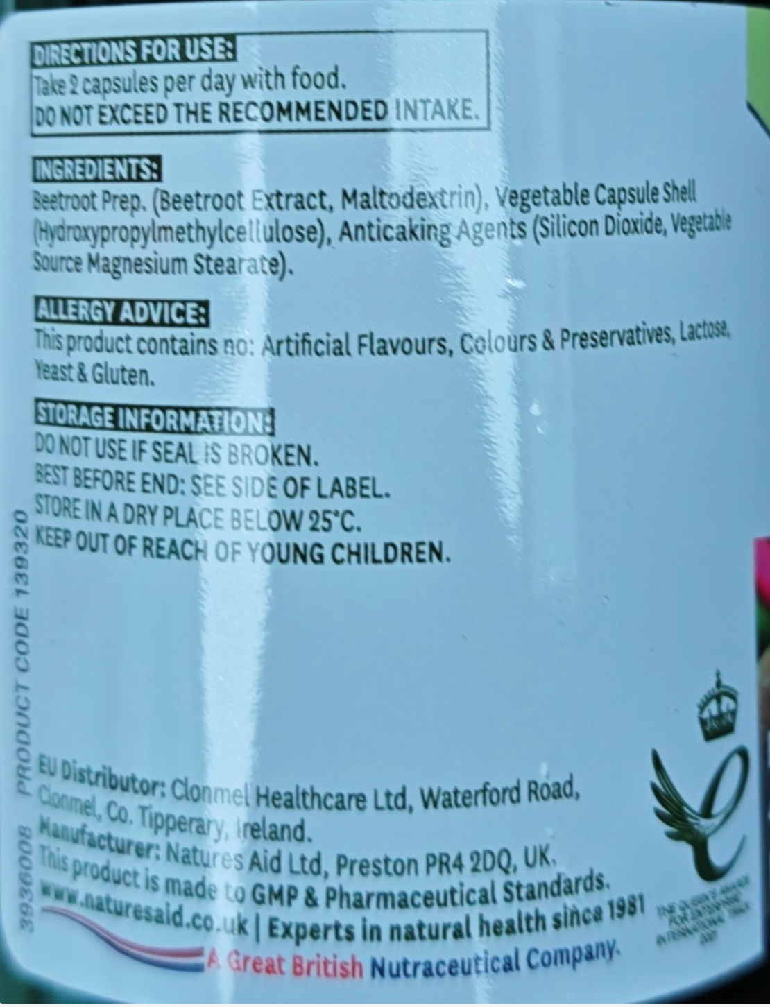 Product label with text and a logo on a white background