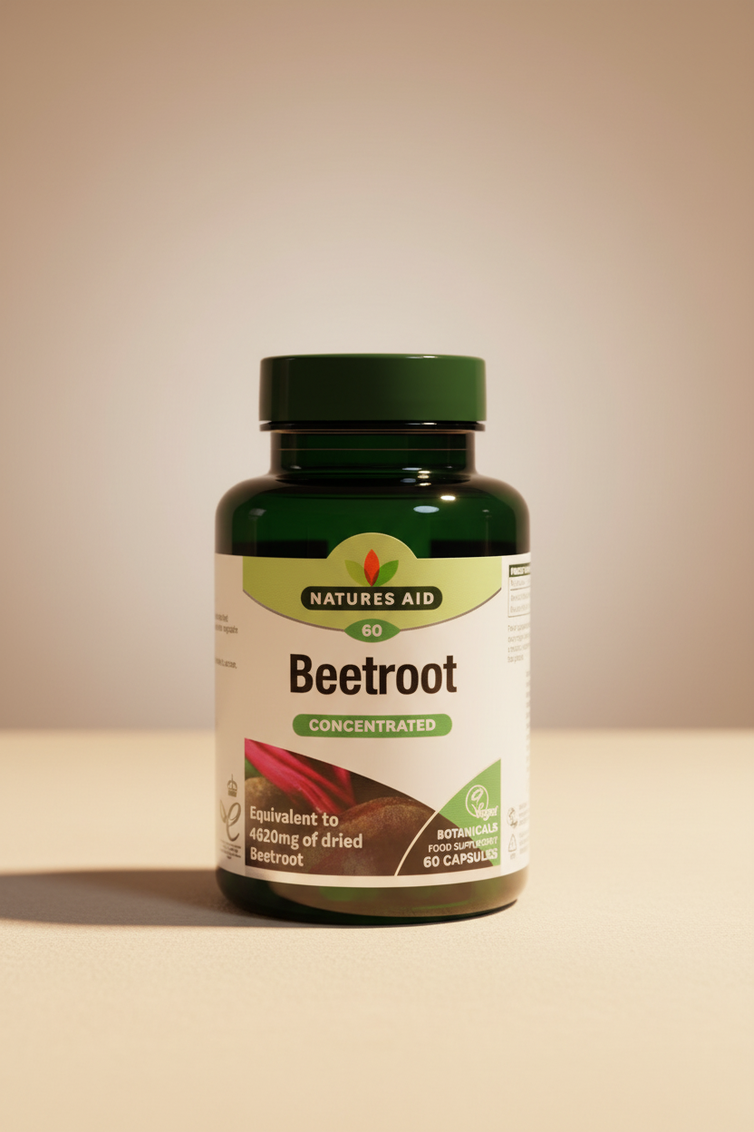 Bottle of Natures Aid Beetroot supplement on a dark surface