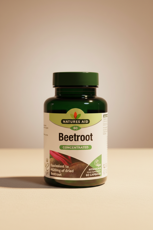Bottle of Natures Aid Beetroot supplement on a dark surface