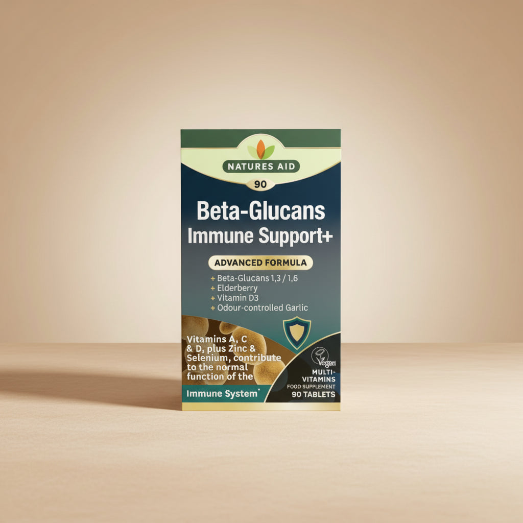 Box of Natures Aid Beta-Glucans Immune Support+ supplement on a white background