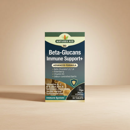 Box of Natures Aid Beta-Glucans Immune Support+ supplement on a white background