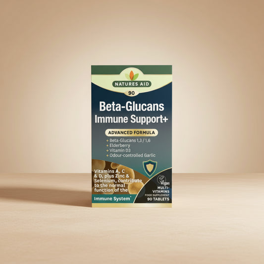 Box of Natures Aid Beta-Glucans Immune Support+ supplement on a white background