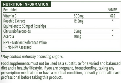 Nutrition information table for a supplement with various ingredients and their amounts.