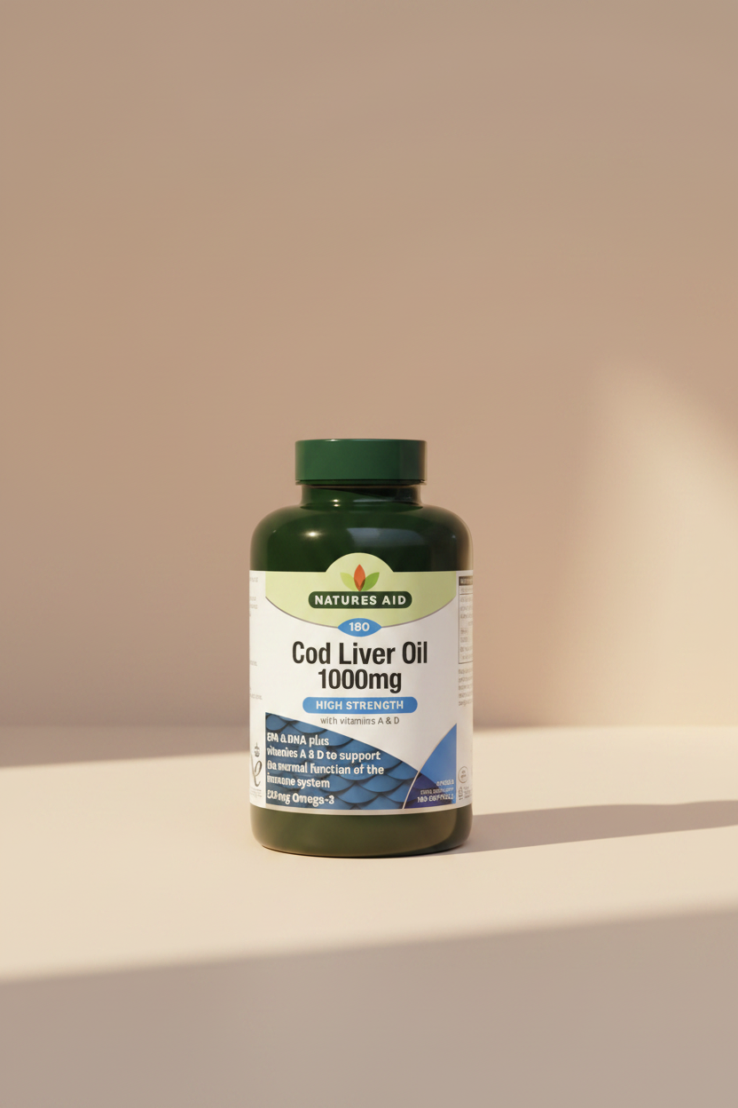 Natures Aid Cod Liver Oil 1000mg supplement bottle on a white background