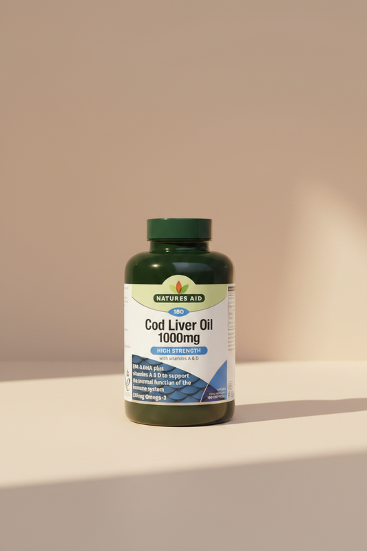 Natures Aid Cod Liver Oil 1000mg supplement bottle on a white background