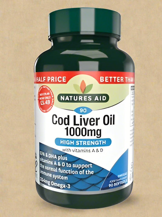 Front label of Natures Aid Cod Liver Oil High Strength 1000mg – 90 Softgels