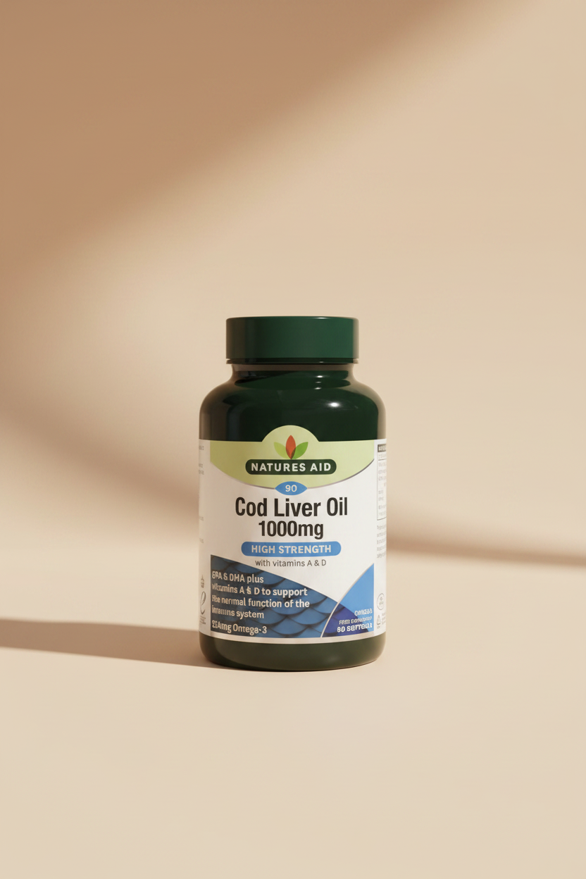 Natures Aid Cod Liver Oil 1000mg supplement bottle on a white background