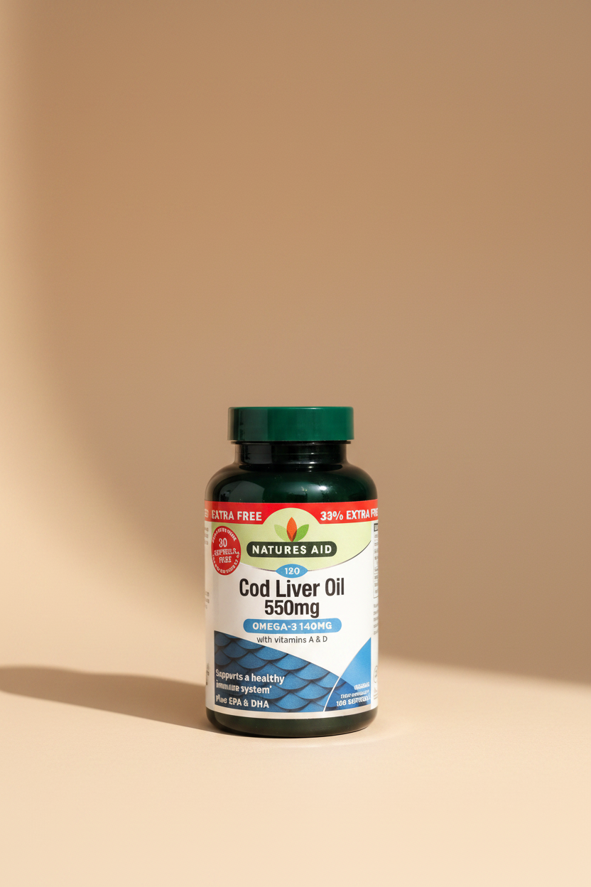 Nature's Aid Cod Liver Oil supplement bottle with green cap