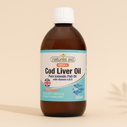 Front view of Natures Aid Cod Liver Oil Liquid with Vitamins A & D – 500ml