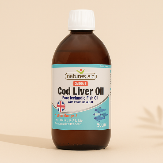 Front view of Natures Aid Cod Liver Oil Liquid with Vitamins A & D – 500ml