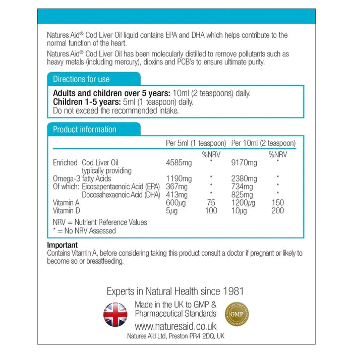 Natures Aid Cod Liver Oil label with directions for use and product information.