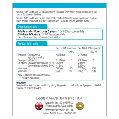 Natures Aid Cod Liver Oil label with directions for use and product information.