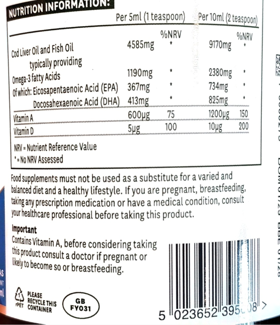 Natures Aid Cod Liver Oil with Vitamin A and D 500ml bottle product packaging