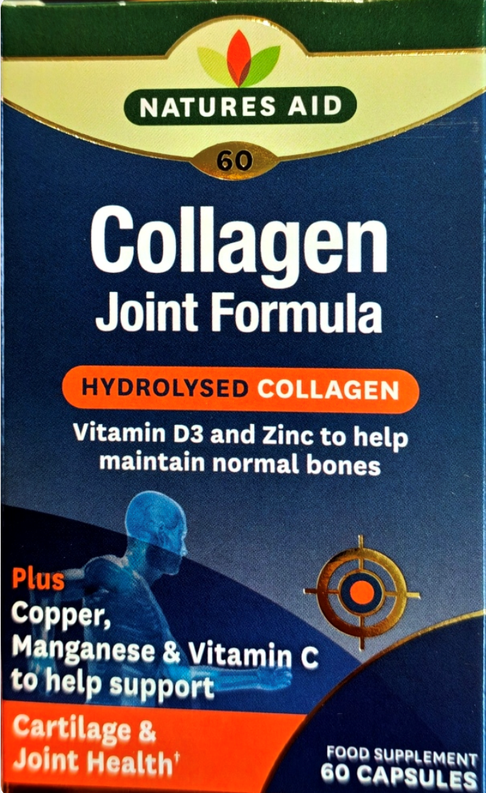 Natures Aid Collagen Joint Formula 60 capsules box, featuring a dark blue background with white text, an orange banner, and a small human silhouette graphic.