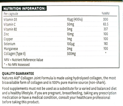 A close-up of a supplement label showing a nutrition information table for Natures Aid Collagen Joint Formula, with per-capsule nutrients and a quality guarantee section below.