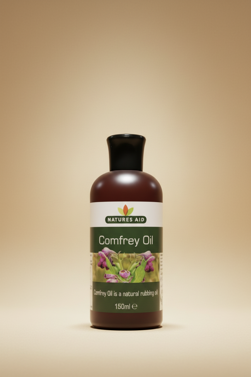 Bottle of Natures Aid Comfrey Oil on a beige background