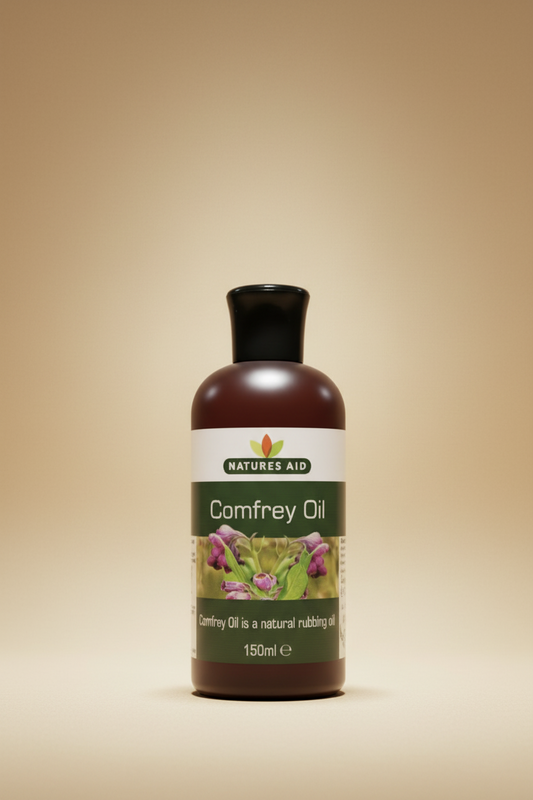 Bottle of Natures Aid Comfrey Oil on a beige background