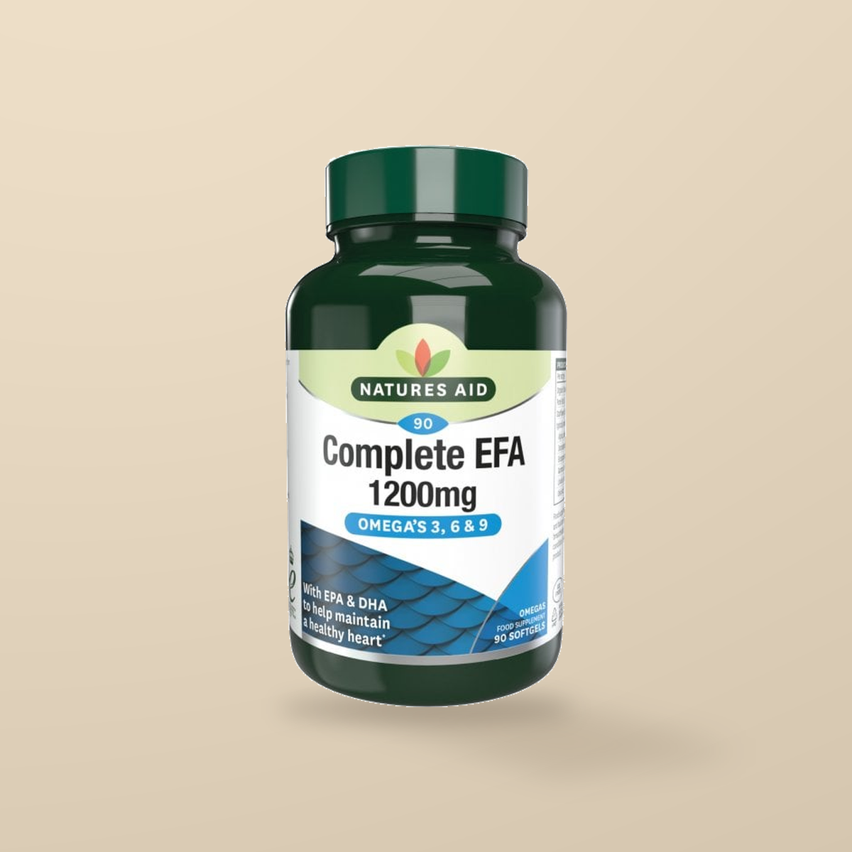 Natures Aid Complete EFA Omega 3 6 9 90 Capsules — original product packaging on warm beige background