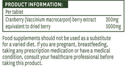 Product information label with cranberry extract details and warning text.