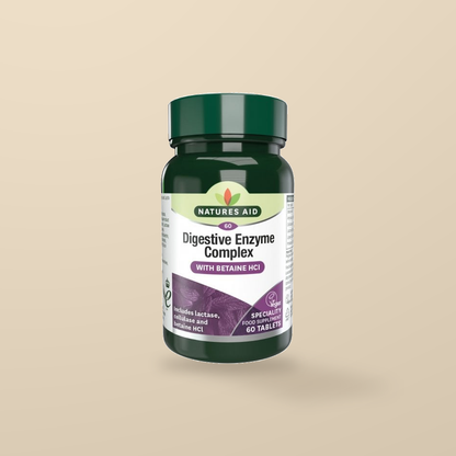 Natures Aid Digestive Enzyme Complex 60 Tablets — original product packaging on warm beige background