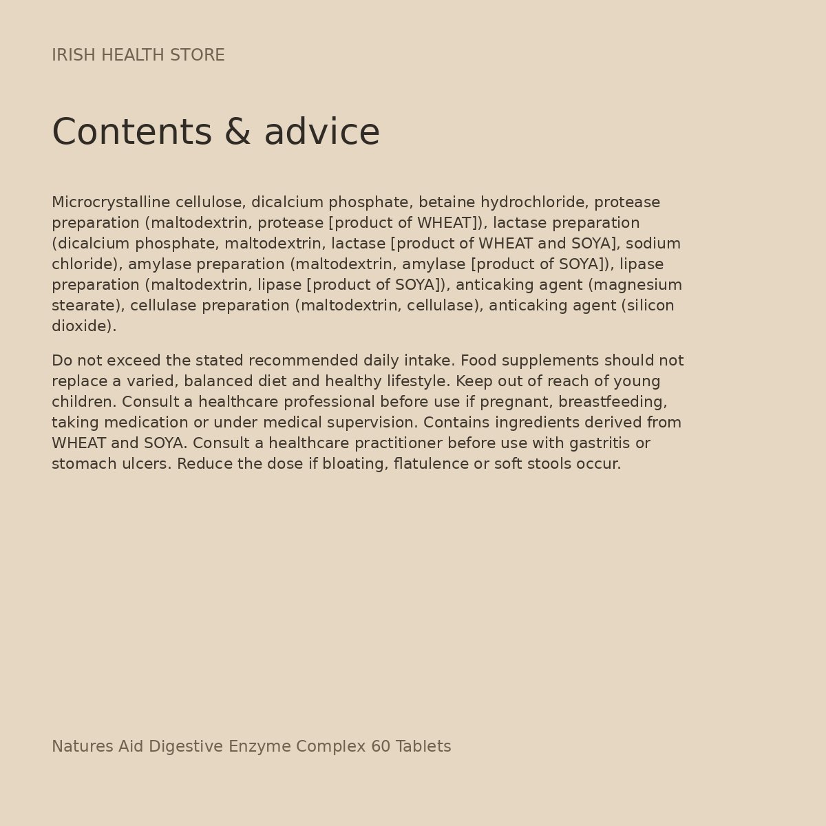 Natures Aid Digestive Enzyme Complex 60 Tablets contents and advice