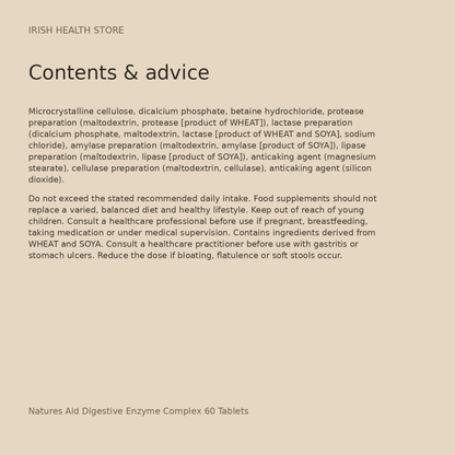 Natures Aid Digestive Enzyme Complex 60 Tablets contents and advice