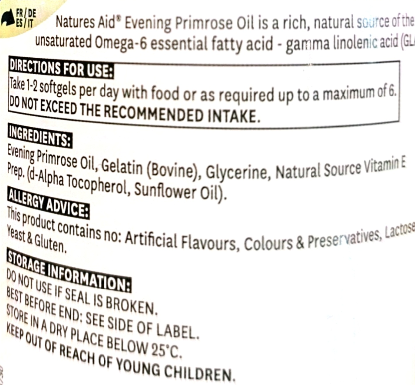 Close-up of a product label showing text for Natures Aid Evening Primrose Oil, including directions, ingredients, allergy advice, and storage information on a white background.