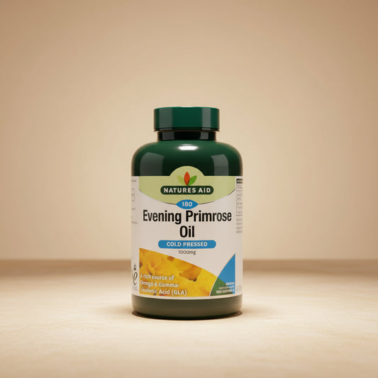 Natures Aid Evening Primrose Oil supplement bottle on a white background