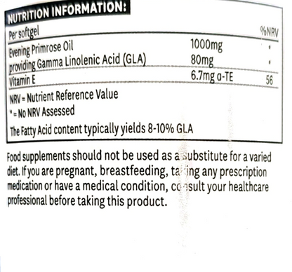 A close-up of a supplement nutrition label showing nutrients per softgel, including Evening Primrose Oil (1000mg), providing Gamma Linolenic Acid (GLA) (80mg), and Vitamin E (6.7mg Ω-TE).