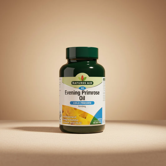 Natures Aid Evening Primrose Oil bottle on a white background