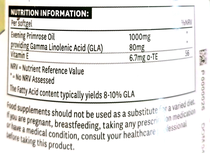 Close-up of a supplement label showing nutrition information for Evening Primrose Oil, including amounts of Gamma Linolenic Acid (GLA) and Vitamin E per softgel.