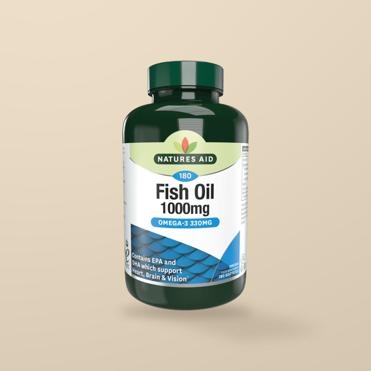 Natures Aid Fish Oil 1000mg 180 Capsules — original product packaging on warm beige background