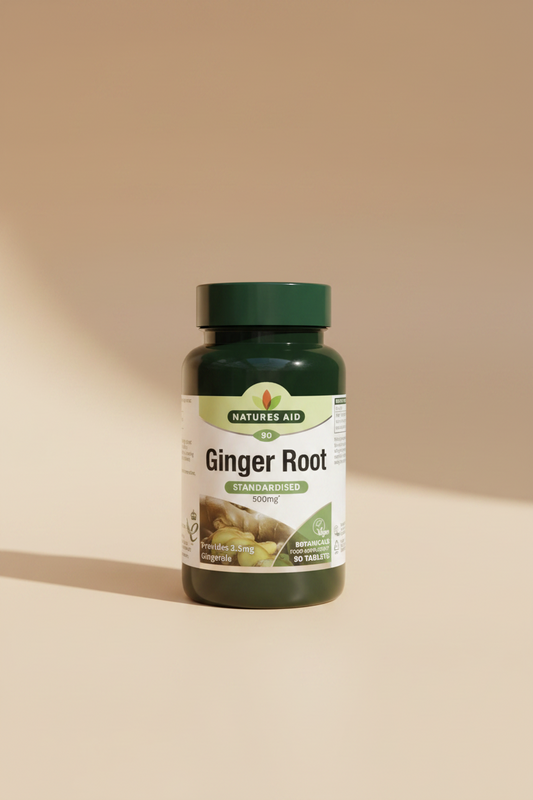 Natures Aid Ginger Root supplement bottle on a white background