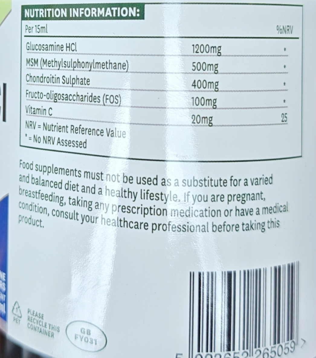 Nutrition information label on a supplement package with text and numbers.