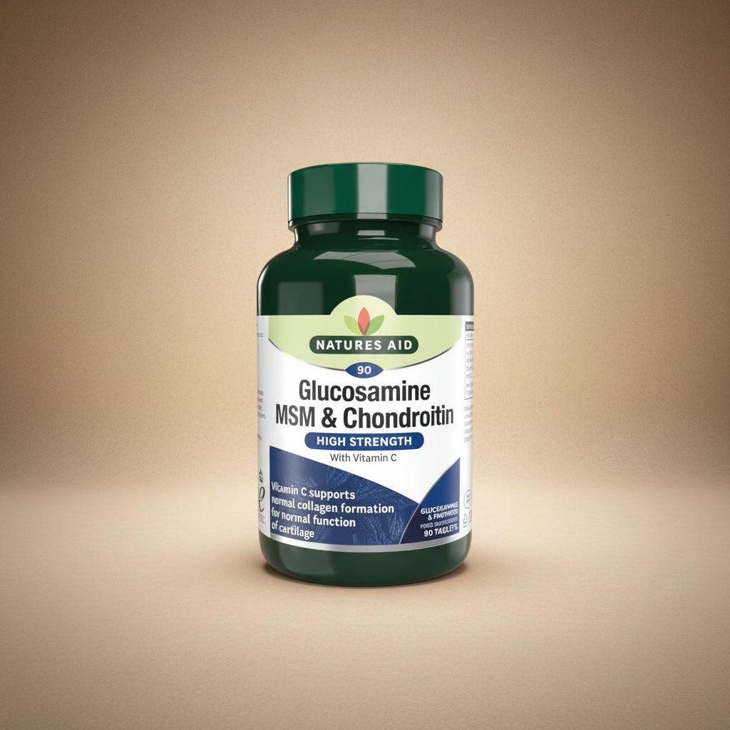 Bottle of Natures Aid Glucosamine MSM & Chondroitin supplement on a white background