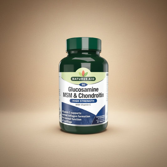 Bottle of Natures Aid Glucosamine MSM & Chondroitin supplement on a white background