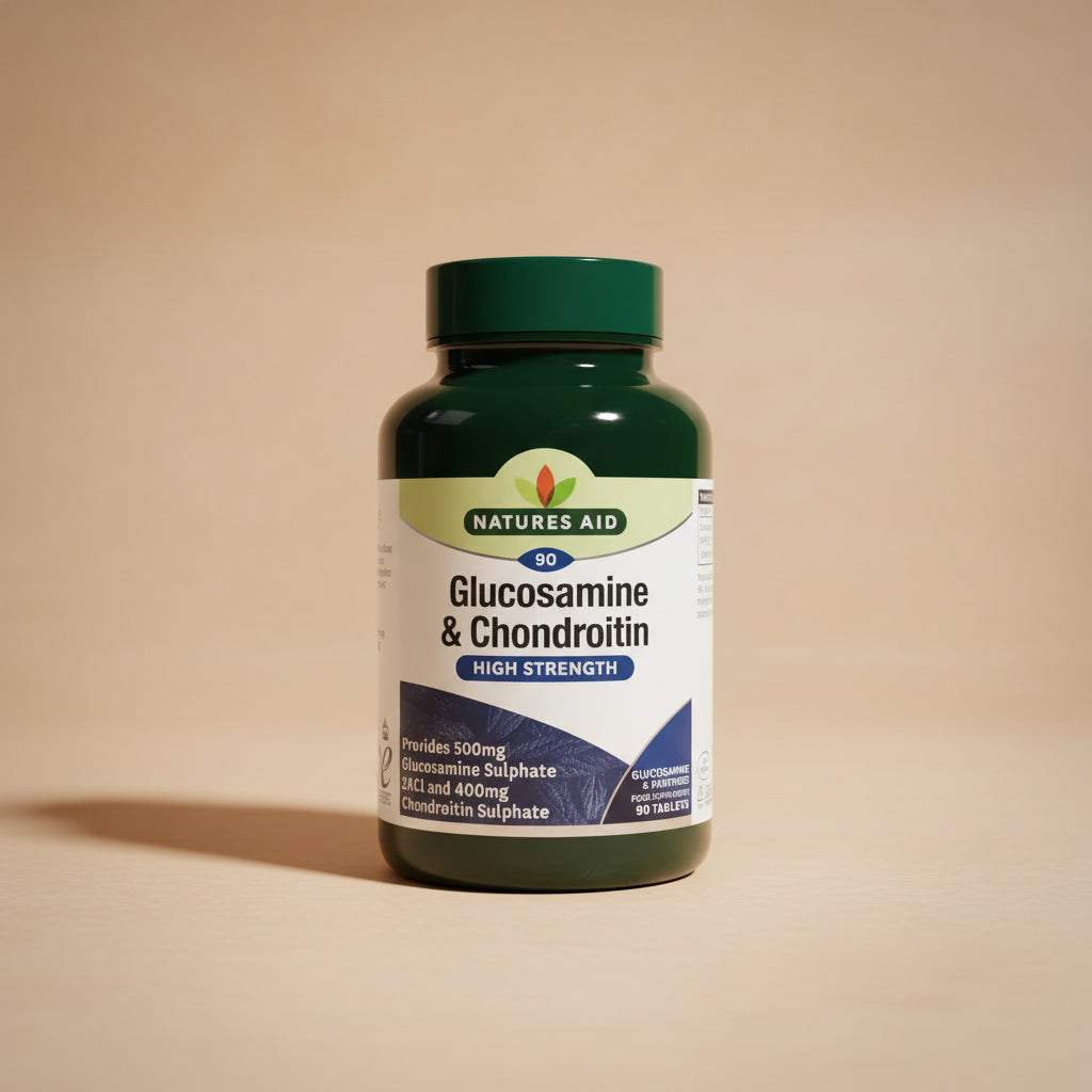 Bottle of Natures Aid Glucosamine & Chondroitin supplement on a white background