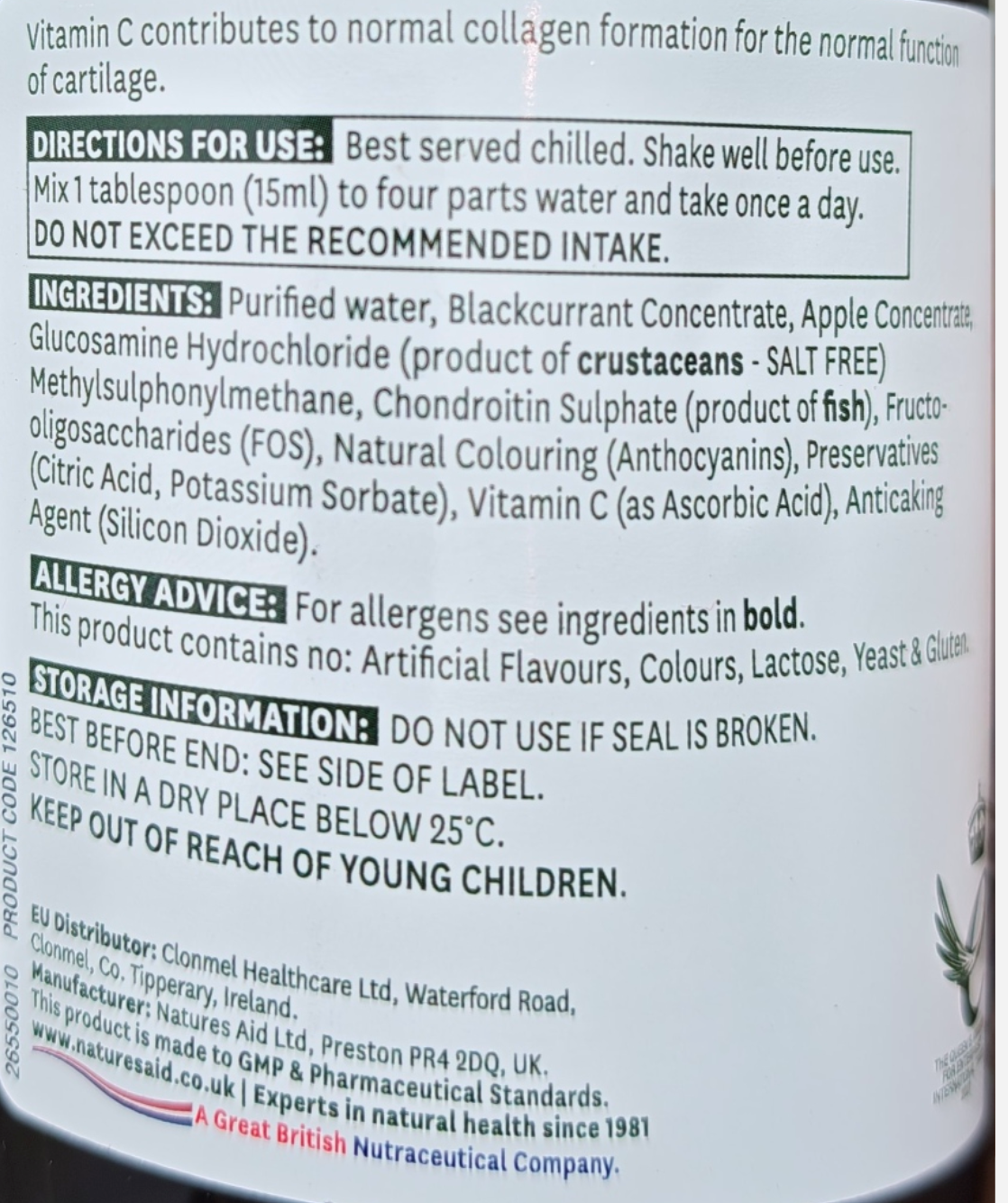 Close-up of a product label with text and ingredients listed.