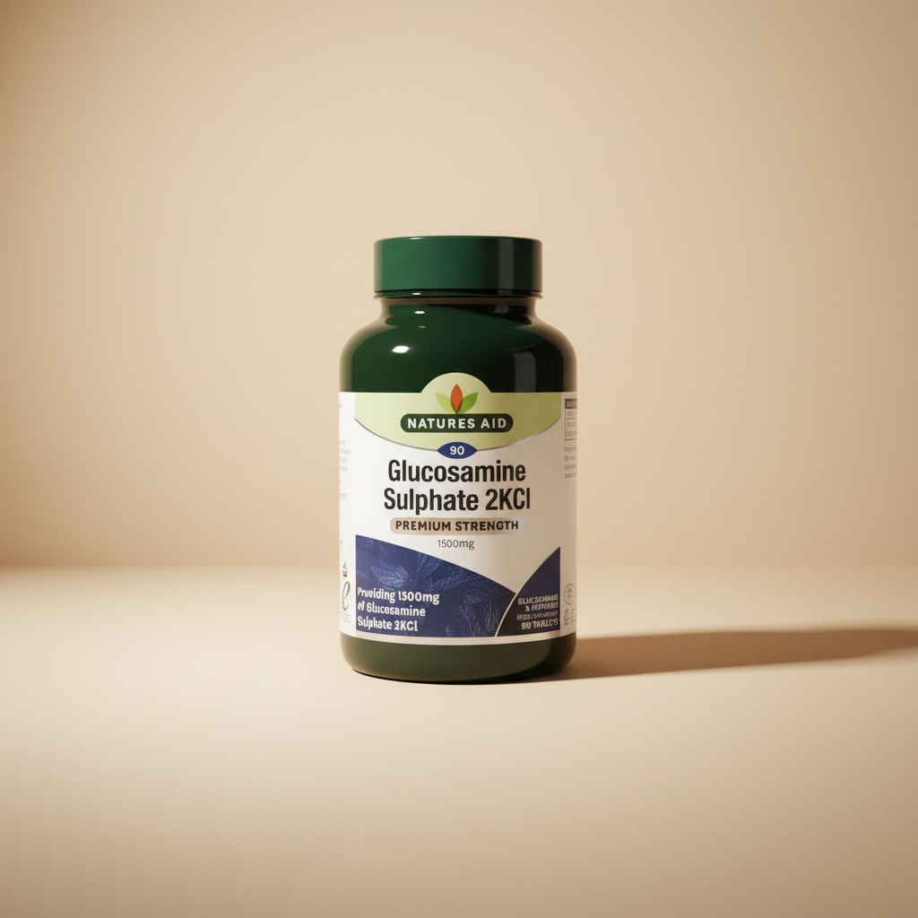 Bottle of Natures Aid Glucosamine Sulphate 2KCl supplement on a white background