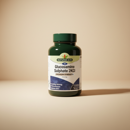 Bottle of Natures Aid Glucosamine Sulphate 2KCl supplement on a white background