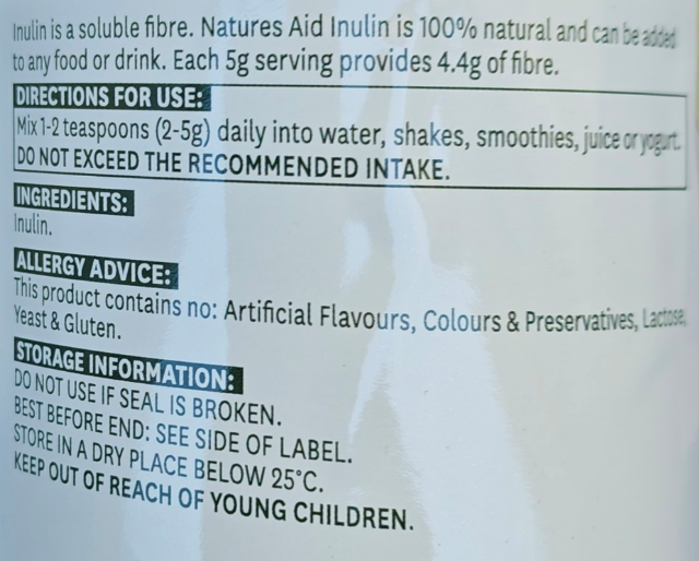 Natures Aid Inulin label with directions, ingredients, and storage information.