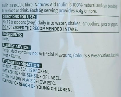 Natures Aid Inulin label with directions, ingredients, and storage information.
