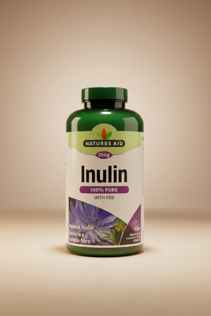 Nature's Aid Inulin supplement bottle on a wooden surface