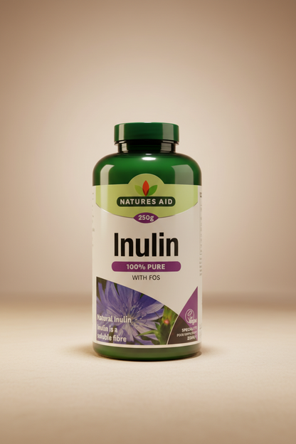 Nature's Aid Inulin supplement bottle on a wooden surface