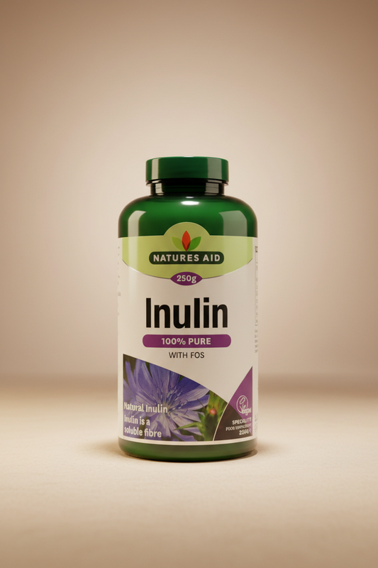 Nature's Aid Inulin supplement bottle on a wooden surface