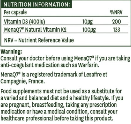 Nutrition information label for a supplement with Vitamin D3 and MenaQ7 Natural Vitamin K2.