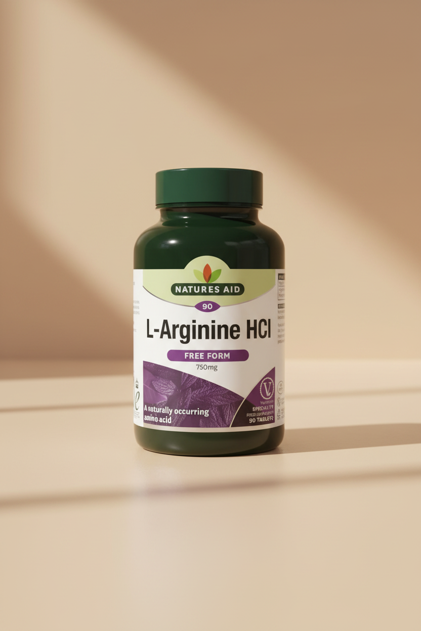 Natures Aid L-Arginine HCI supplement bottle on a white background