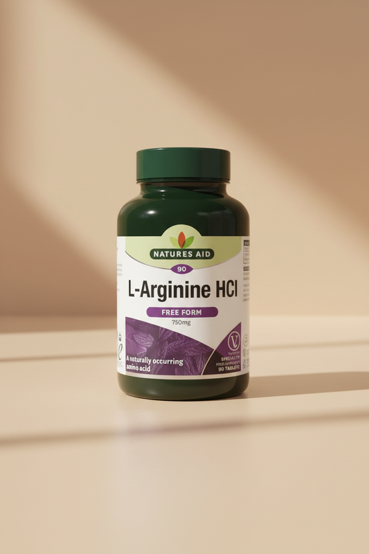 Natures Aid L-Arginine HCI supplement bottle on a white background