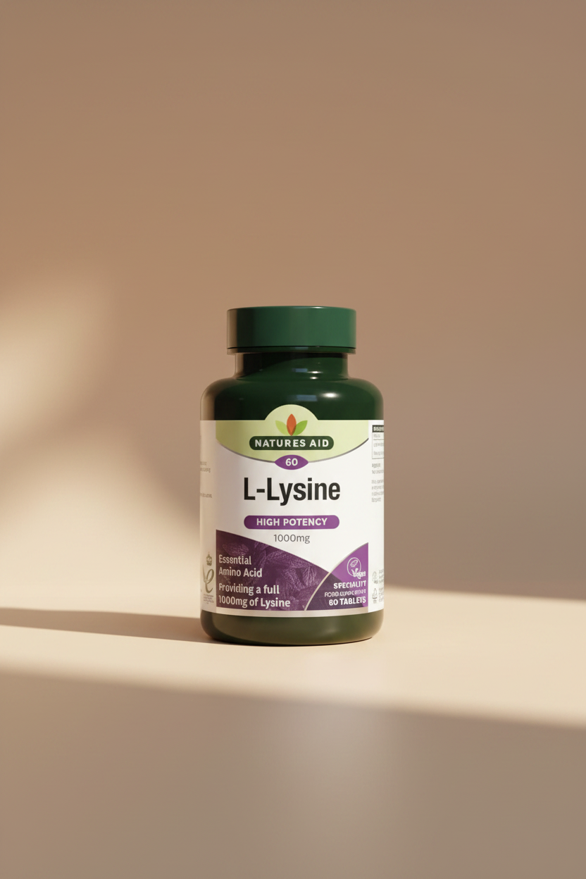 Natures Aid L-Lysine supplement bottle on a white background